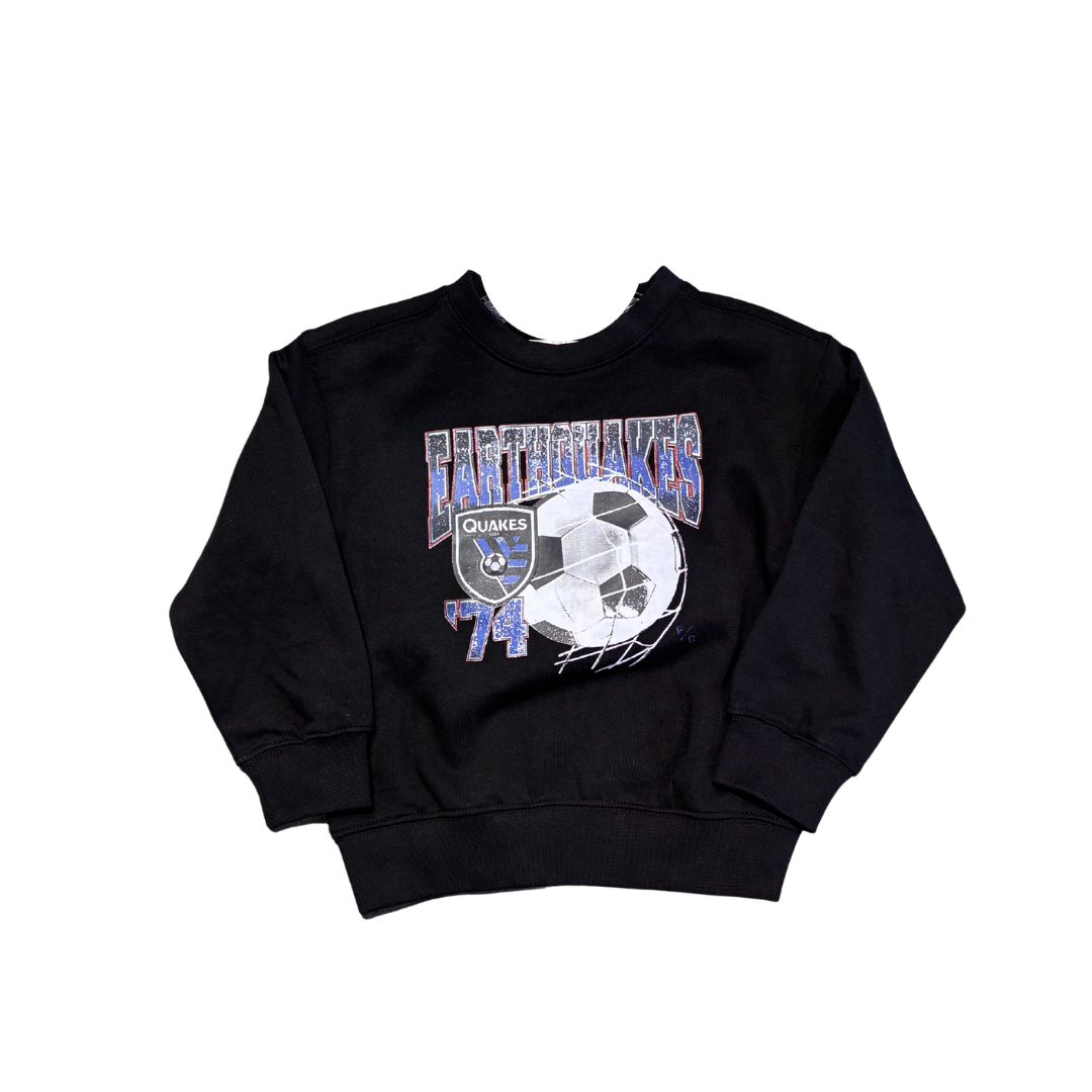 Black sweatshirt with soccer ball design and text on a white background