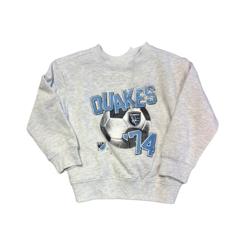 Gray sweatshirt with 'Quakes 74' text and graphic on a white background